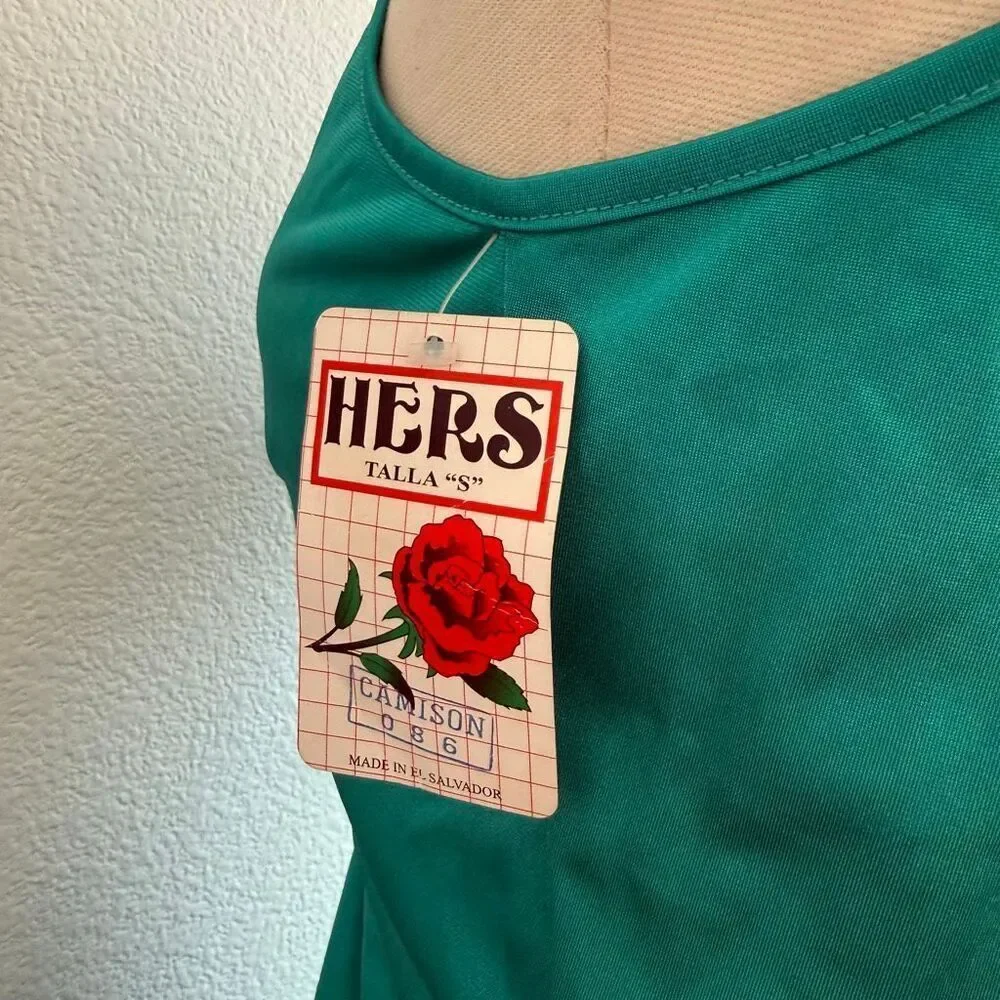 Hers Satin Teal Dress Nightgown Slip Keyhole Bow Small Deadstock Vintage